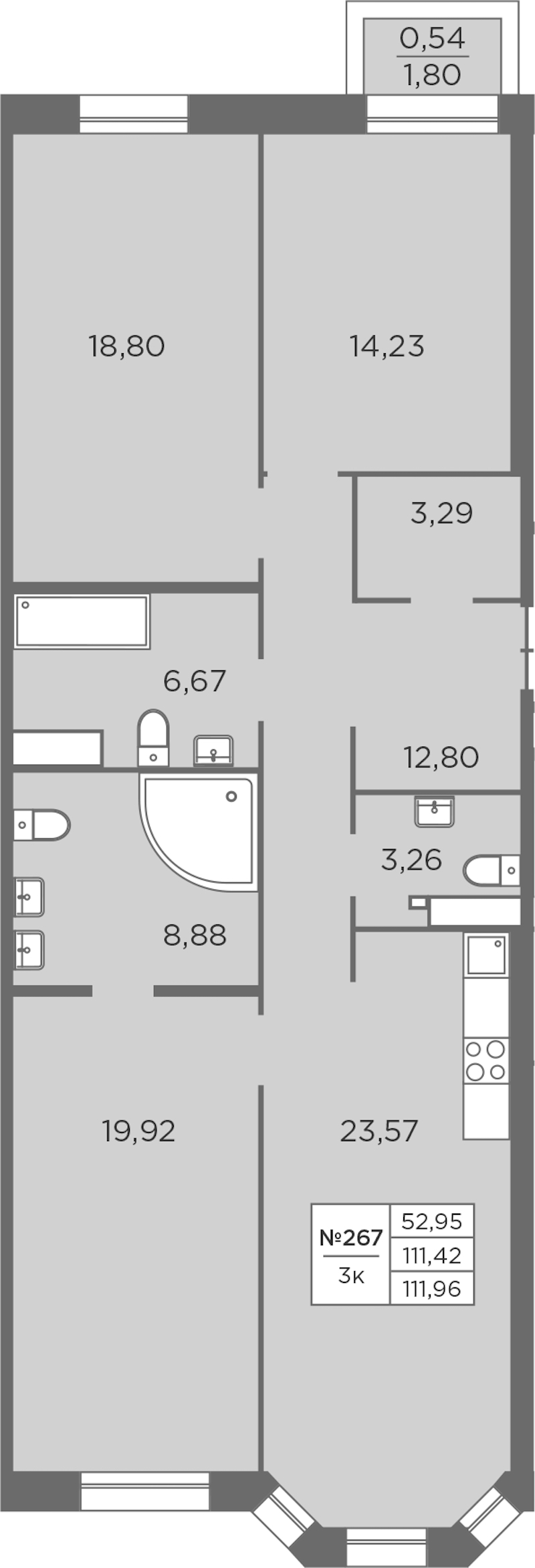 3-комнатная квартира 112.36 м², 3/8 эт., ЖК «Северная Корона»